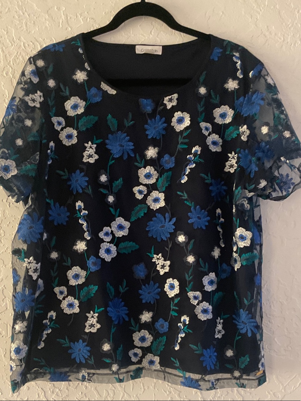 Calvin Klein Navy Floral Embroidered Sheer Short Sleeve Blouse